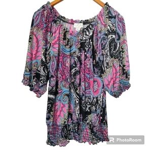 Jon Den Pink & Black Paisley Smocked Waist Top